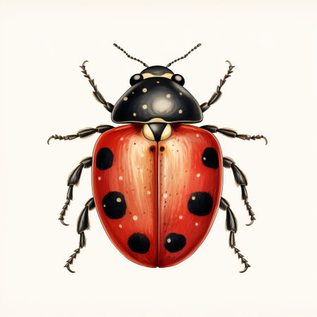 an illustration of a ladybug on a white background, showcasing a detailed painting style reminiscent of vintage poster design. the artwork captures the essence of martin creed's aesthetic, with realistic usage of light and color. the ladybug is depicted with intricate detail, highlighting the bugcore trend in highly detailed illustrations. the composition is visually striking, featuring graphic and symmetrical elements. ai generatedの素材