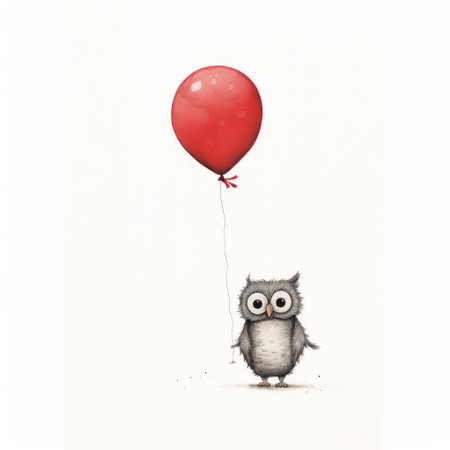 an adorable owl with a balloon captured by nathan jackson in london. this children's book illustration showcases a red and gray color palette, with subtle expressions that bring the owl to life. shot with a fujifilm x100v, the high detail of the watercolor illustrations is enhanced by the low-angle perspective. ai generatedの素材