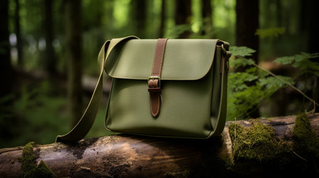 an olive green messenger bag, reminiscent of traditional british landscapes, rests gracefully on a tree. the matte background enhances the bag's handcrafted charm, while the 8k resolution captures every intricate detail. inspired by the works of francis davis millet and sarah purser, this bag exudes a smooth and shiny allure. ai generatedの素材
