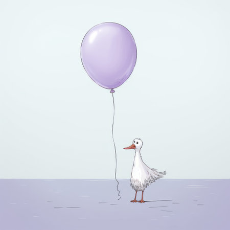 blue gray duck in purple balloon with blue bird head. psychological phenomena style illustration with minimalist backgrounds. light maroon and white color scheme. forced perspective and everyday life depiction. sparse, rough-edged 2d animation. ai generatedの素材