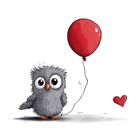 the owl with a balloon is a whimsical and charming image featuring a heart held by the owl. this animated gif showcases a unique style combining gray and crimson colors. the forced perspective drawings, comic art, and sparklecore elements add a touch of playfulness. the holotone printing technique enhances the visual appeal, while the owl's gentle expressions make this image truly captivating. ai generatedの素材