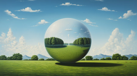an earthen sphere with landscapes in the background, showcasing illusionary realism and uncanny valley realism. the mirrored effect adds depth to the sky-blue and green hues, creating a captivating visual experience. this artwork by quint buchholz is available in large canvas sizes, allowing for an immersive and transparent display of nature's beauty. ai generatedの素材