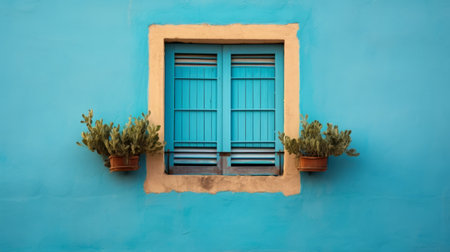 the wall between the window and potted flower beds is a pale blue, showcasing a bold chromaticity in a matte photo. the design is inspired by the mediterranean, with a dark sky-blue and turquoise color scheme. the sustainable architecture features a vibrant and lively atmosphere, complemented by the timber frame construction. ai generatedの素材