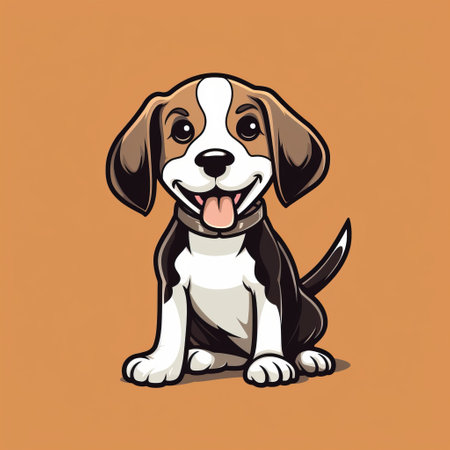 a cartoon dog with a strong facial expression sits on an orange background. the dog is depicted in a dark white and dark brown style, with minimal retouching. the caricature faces and cheerful colors add to the playful vibe of the image. the graphic is rounded and black-and-white, creating a visually appealing contrast. ai generatedの素材
