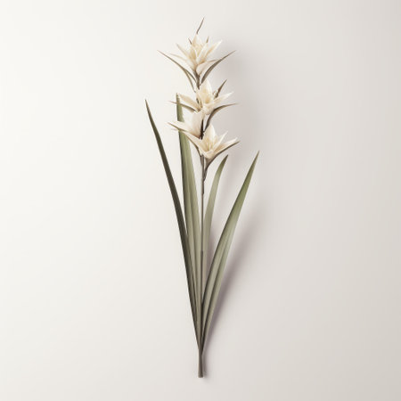a white flower, surrounded by white leaves, is captured in this photorealistic rendering. the birds-eye-view perspective highlights the minimalistic metal sculptures in the background. the enigmatic tropics inspire the symmetrical arrangement of the elements. muted colors add to the overall aesthetic, reminiscent of the unique style of grzegorz domaradzki. ai generatedの素材