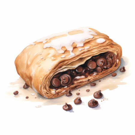 the photo showcases a delectable pastry with a rich chocolate and cream topping. the artistic style resembles that of an ink wash painter, featuring realistic and detailed rendering. the flat illustrations add a unique touch to the overall presentation. the pastry is beautifully wrapped, reminiscent of traditional scroll paintings. the image exudes a sense of warmth and indulgence, like a rollerwave of flavors. ai generatedの素材