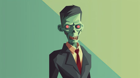 an animated zombie cartoon wearing a suit and tie is depicted in this artwork. the style of the piece draws inspiration from portraiture iconography, featuring moody colors and a flat perspective. the use of light emerald and red hues adds to the overall atmosphere. the oil portraitures technique is employed, showcasing intricate details. the figure's pose exhibits a sense of movement, reminiscent of figura serpentinata.の素材