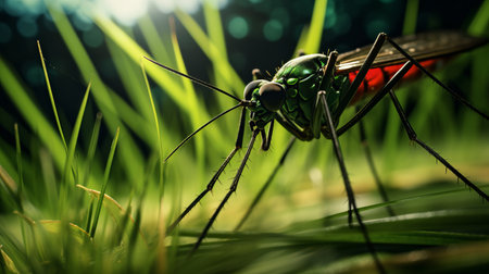 a photorealistic rendering of a mosquito eating grass in the background. the image showcases dark emerald and red hues, with shiny eyes adding a touch of realism. created by artist lorenz hideyoshi, this uhd image captures the intricate details of the mosquito in a manapunk style, featuring a combination of light yellow and dark emerald tones. ai generatedの素材