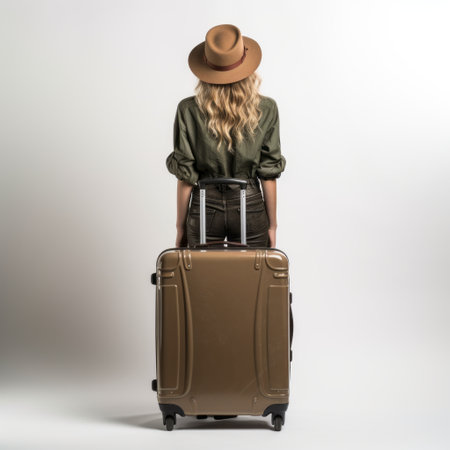 woman holding a suitcase, wearing a hat and shirt, with a backdrop of her back and shoulders. the photo is captured in the style of an earth tone color palette, reminiscent of the precisionist art movement. the image showcases the woman's full body, highlighting the exacting precision of the composition. shot with a konica big mini camera, the photo exudes a troubadour style, with aの素材