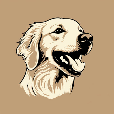 golden retriever dog with strong facial expression, depicted in detailed character design. the image features a trace monotone style on a brown background, with a combination of dark white and light beige tones. the design includes a logo and exudes a joyful and optimistic vibe, making it suitable for screen printing. ai generatedの素材