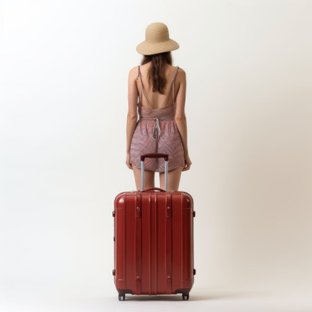 a woman in a hat and dress holds a red luggage, exuding a minimalistic japanese style. with a light maroon and light bronze color palette, the image showcases body extensions and a balanced asymmetry. captured at iso 200 with ferrania p30 film, this photo embodies the essence of vacation dadcore. ai generatedの素材