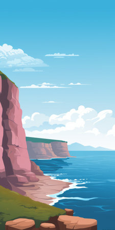 coastal cliffs overlooking the sea, adorned with fluffy clouds and a vibrant blue sky. this picturesque scene is captured in a simple and colorful illustration style, featuring light maroon and light cyan hues. the light pink and light indigo accents add a touch of whimsy. the flattened perspective and richly detailed backgrounds create a naturecore ambiance, reminiscent of a colorful cartoon. ai generatedの素材