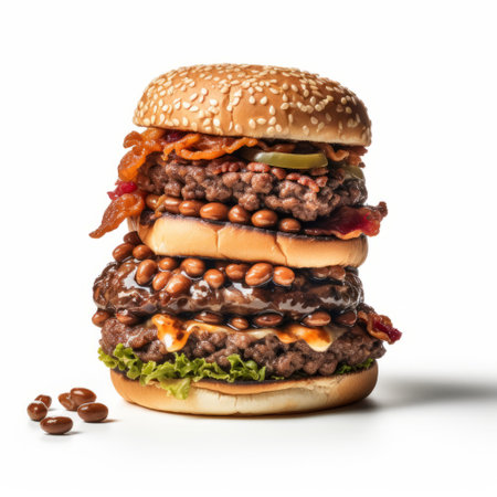 a photo showcasing a layered illusion of a hamburger placed on top of a stack of burgers. this photograph captures the intricate details of the burger, creating a visually stunning portrait. the composition features dotted, organic sculptures in a gigantic scale, forming genderless and organic formations. ai generatedの素材