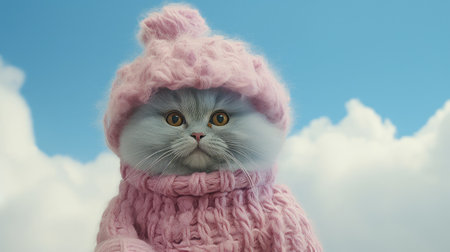 catnip hats ad featuring hyperrealistic style with light sky-blue and pink tones. created using unreal engine 5 and canon eos 5d mark iv. the expressive character design showcases the hats amidst depictions of inclement weather, reminiscent of a captivating movie still. ai generatedの素材