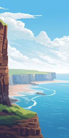 a cliff on the beach outside of an island is depicted in this digital painting. the artwork showcases a flat perspective reminiscent of traditional british landscapes. the color palette features sky-blue and bronze tones, adding to the adventurous theme. the scene evokes a sense of grandeur, resembling monumental murals often seen in architectural illustrations. ai generatedの素材
