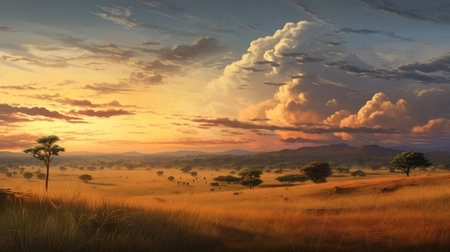 sunset over the plains, showcasing yellow grass and tall trees. this hyper-realistic photograph captures the essence of delicately rendered landscapes, reminiscent of asante art. the immersive environment and panoramic scale highlight the ethereal cloudscapes, evoking a sense of traditional african art. ai generatedの素材