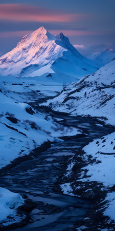 a creek meandering through an empty field, captured in a striking contrast of dark violet and light cyan hues. this snow scene, taken with a canon eos 5d mark iv, showcases the beauty of himalayan art. the composition features a blend of light blue and dark amber tones, creating a captivating industrial landscape. ai generatedの素材
