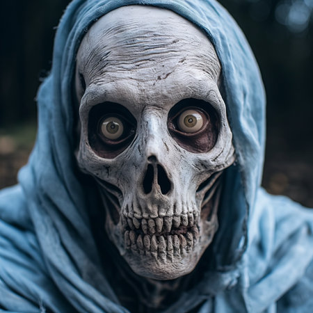 the photo features a skeletal figure against a black background, with blue accents adding a touch of fantasy. shot with a nikon d750 and zeiss batis 18mm f2.8 lens, the image captures the realism of bone structures. the composition, by matthias haker, incorporates elements of isaac cordal's work. ai generatedの素材