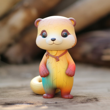 an orange and yellow toy animal, with a holographic and realistic brushwork style, stands on a wooden table. this rainbowcore daz3d toy is showcased beautifully against the bentwood table. the vibrant colors of the toy, combined with the topcor 58mm f14 lens, create a captivating image with a light beige and magenta backdrop. ai generatedの素材
