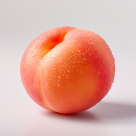 an orange peach sits elegantly on a white background, exuding a hazy and dreamlike quality. this captivating photograph, reminiscent of miki asai's style, showcases distinctive noses and draws inspiration from duccio's artistry. the soft hues of light pink and gray create a mesmerizing contrast, while the technique of focus stacking adds depth to the image. the colorization enhances the overall visual appeal. ai generatedの素材