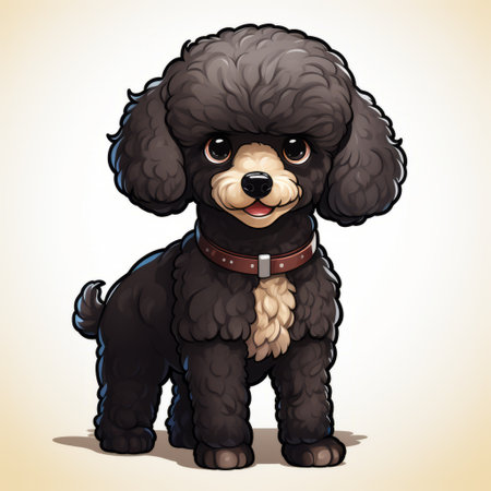 a cartoon black poodle is depicted in this image, showcasing a unique blend of harsh realism and charming anime characters. the poodle is rendered in dark gray and brown tones, with a traditional color scheme of light yellow and dark crimson. the strong facial expression adds to the overall impact of this persian miniature-inspired artwork. ai generatedの素材