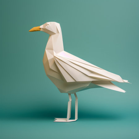 origami seagull in silhouette against a vibrant teal background. this sketchfab-inspired creation showcases an intensely detailed and crisp look. the bold chromaticity of dark white and yellow adds depth to the code-based design, beautifully rendered in cinema4d. ai generatedの素材