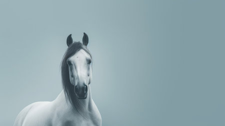 a white horse head in the style of light cyan and gray, captured in high definition. this minimalist surrealism photograph by matthias haker showcases the beauty of horses in nature. the smokey background adds a touch of mystery, while the dark teal and light sky-blue hues create a layered translucency effect. perfect for those seeking stunning 4k horse photos. ai generatedの素材