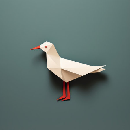 an origami seagull in grey tone is showcased in this design background. it serves as a perfect backdrop for white paper, with a touch of dark red and dark green. created using cinema4d, the image features minimal retouching and embodies danish design. the playful character designs and symmetrical, nature-inspired shapes add to its charm. ai generatedの素材
