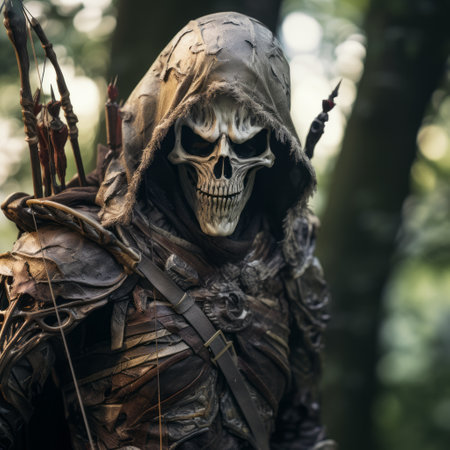 a skeleton adorned in armor, antlers, and a bow sticks, creating a cinematic atmosphere. captured with the zeiss batis 18mm f2.8 lens, this photo showcases an adventure-themed scene with a low depth of field. the skeleton's nature-inspired camouflage, strong facial expression, and the presence of masks and totems add intrigue to the composition. ai generatedの素材