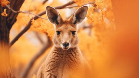 kangaroo in the style of matthias jung, captured in close-up shots with infrared filters. this elegant photo showcases the healthy living kangaroo with its emotive face, surrounded by the beauty of the australian bush. the light amber and amber tones add an extra touch of warmth to this high-resolution 8k image by alena aenami. ai generatedの素材