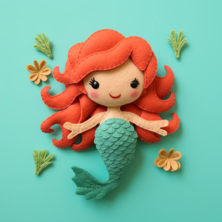 mermaid felt toy with a light emerald and light crimson color scheme. the detailed background elements add depth to the design. created using zbrush, this cheerful toy features delicate paper cutouts and intricate embroidery art. the combination of dark orange and cyan colors adds a vibrant touch to this whimsical creation. ai generatedの素材