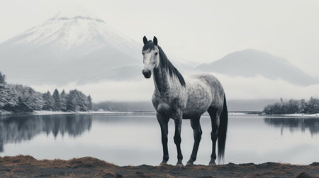 a horse stands by a lake, surrounded by snow-capped mountains, creating a serene and picturesque scene. the photograph, captured in 8k resolution, showcases the artistic style of kenro izu and sven nordqvist, known for their soft-focus portraits. the misty atmosphere adds a touch of mystery to this historical-inspired image. ai generatedの素材