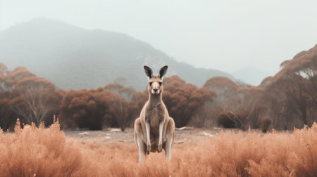 a kangaroo stands in a vibrant red grass field, surrounded by a smokey background. this captivating uhd image by akos major showcases the kangaroo's emotive body language against the stunning mountainous vistas. the light amber and pink hues add a touch of enchantment to this mesmerizing documentary photo. ai generatedの素材