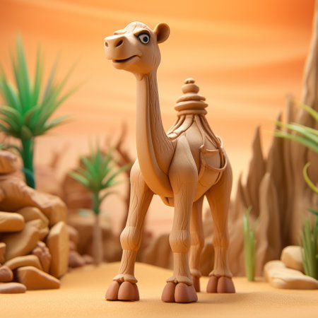 a cartoonish camel model stands near rocks, showcasing detailed craftsmanship and packed with hidden details. the soft-focus style, vray rendering, and neo-plasticist influences add depth to this whimsical creation. this camel model is reminiscent of wimmelbilder illustrations, making it a captivating piece of art. ai generatedの素材
