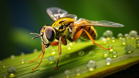 a wallpaper for pc featuring a stunning hd nature image of flies in an eye-catching composition. this 1080p bug screen saver showcases the intricate details of the flies, with a dark yellow and light emerald color palette. the image also includes water drops, adding to its realistic and photographically detailed portraitures. perfect for those who appreciate fawncore and multi-layered animal portraits. ai generatedの素材