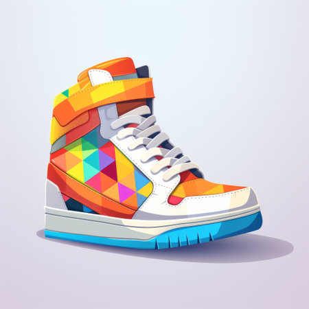 colorful high top sneakers featuring a vibrant graphic design inspired by isometric style, comic books, and geometric shapes. the sneakers showcase a stunning combination of color gradients, geometric patterns, and rim light, creating a visually striking and balanced composition. ai generatedの素材