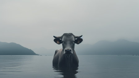 a cow gracefully swims in the water, surrounded by majestic mountains and dramatic clouds. this captivating photo captures a moody atmosphere, reminiscent of the style of elsa bleda. with focus stacking techniques, the image exudes a pensive stillness, akin to the emotive portraiture of sven nordqvist. the stunning 8k resolution enhances every detail, making this photo a visual masterpiece. ai generatedの素材