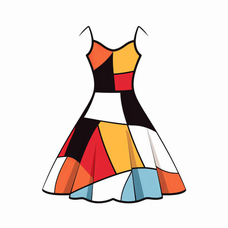 the color block dress is illustrated in black and white, featuring a vibrant and abstract design. the dress showcases a colorful patchwork of light orange and red hues, reminiscent of stained glass. the style of the illustration is a combination of colored cartoon style and simple line drawings, creating a visually striking and vivid color scheme. ai generatedの素材