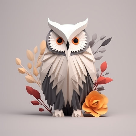 a white owl perches on a gray background, showcasing a paper sculpture style. the dark orange and light black hues add a naturalistic touch to the depiction of flora and fauna. created with daz3d, this artwork features bold yet graceful faceted shapes. the simple yet colorful illustrations make this image visually captivating. ai generatedの素材