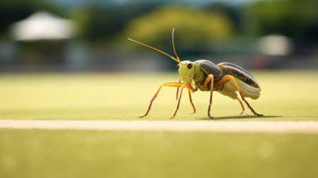 a cricket, adorned in light gold and green, confidently strides out onto the court. this captivating photo, captured with the precision of provia film, showcases the cricket's lifelike details. the spot metering technique and ray tracing enhance the image's clarity, while the subtle hues of light gray and amber create a mesmerizing effect. experience the world of crickets through the lens of ultraviolet photography. aiの素材