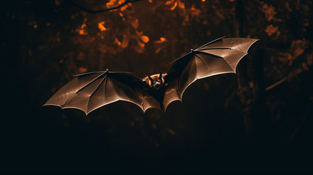 a bat gracefully glides through a forest adorned with vibrant autumn leaves, creating a captivating scene reminiscent of halloween. this backlit photograph, captured in the style of nicolas delort, showcases a striking contrast between dark gray and bronze hues. with dramatic poses and selective focus, the image exudes an eerily realistic ambiance, enhanced by the dark brown and dark amber tones. ai generatedの素材