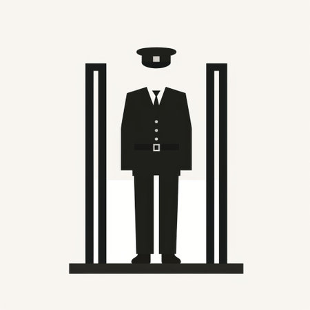 a man stands in an elevator, enclosed by bars, in a simplistic vector art style. the monochromatic minimalist portrait captures the meticulous military scene, showcasing minimalist spare simplicity. the mid-century illustration influences the minimalist black and white aesthetic, reminiscent of eastern orthodox icons. ai generatedの素材