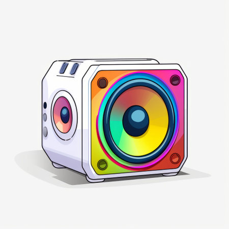 colorful mic speaker icon with rainbow lights and different sound, in the style of 2d game art. created by ben wooten, this commission for acidwave features a cartoonish character design on a white background. the vibrant colors and playful aesthetic, reminiscent of peter saville's work, make this icon a visually striking piece. ai generatedの素材