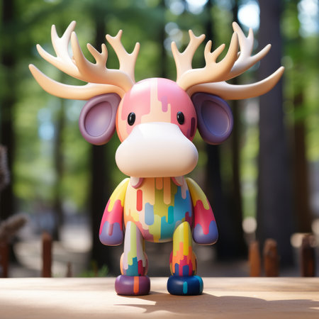 a colorful moose figure with two eyes, created using vray tracing and digital art techniques. this adorable toy sculpture features thick paint layers and a mysterious jungle backdrop. the use of rtx enhances the visual appeal, while the lith printing technique adds a unique touch to the artwork. ai generatedの素材