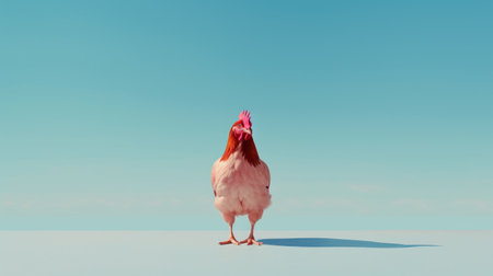 a rooster perched on a table, captured in a realistic perspective with vray tracing. the image showcases a minimalist background in light sky-blue and light pink hues. the rooster's form is depicted realistically, with minimal retouching applied. the close-up shot emphasizes the intricate details of the subject. ai generatedの素材
