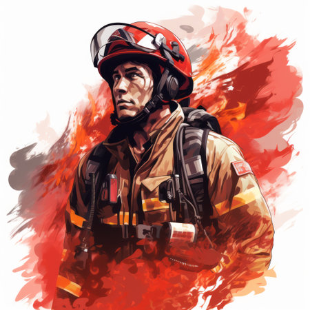 a firefighter stands boldly in front of a vibrant red background in this aggressive digital illustration. the artwork showcases strong facial expression and character studies, with elements of watercolor illustrations and textured illustrations. the style of the painting is reminiscent of magewave and features the phrase "rtx on.", ai generatedの素材