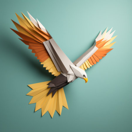 a traditional origami eagle, with a distinctive character design, stands on a green colored background. the style of the image is gray and amber, created using octane render and multi-layered compositions. the colors used are dark turquoise and light orange, resembling the kodak ektar 100 film. the image showcases clean and sharp inking techniques. ai generatedの素材