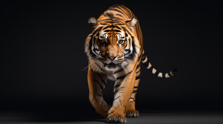 a tiger prowling on a mysterious, dark surface, captured in a narrative-driven visual storytelling style. the photograph showcases bold colors, strong lines, and a matte finish, resulting in a hyper-realistic and lifelike representation of the majestic creature. ai generatedの素材