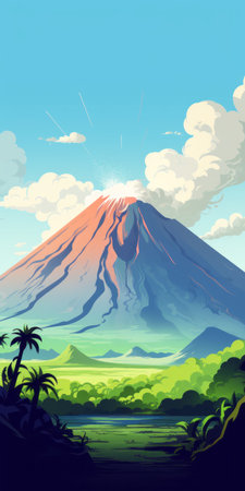 a silhouette of a volcano dominates the sky in this digital painting, showcasing a cartoon mis-en-scene. the delicately rendered landscapes feature highly detailed foliage, while vibrant manga-inspired colors and soft gradients create an iconic visual. ai generatedの素材