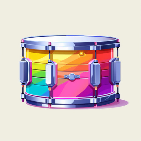a colorful, cartoonish drum stock vector illustration featuring flat chromatic fields and realistic usage of light and color. the design includes iridescent, hand-painted details, giving it a unique and vibrant look. made of liquid metal, this abstract minimalism appreciator will love the flat illustrations. ai generatedの素材